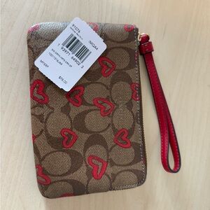 Coach Brown Wristlet with Red Hearts